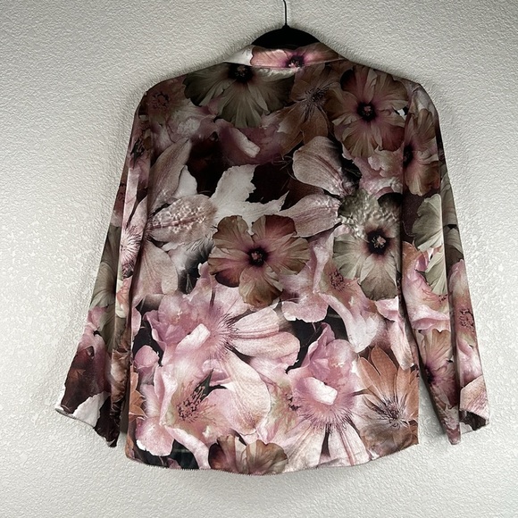 Samantha Chang 100% Silk Gray & Purple Floral Business Career Top Size Small - Picture 4 of 5